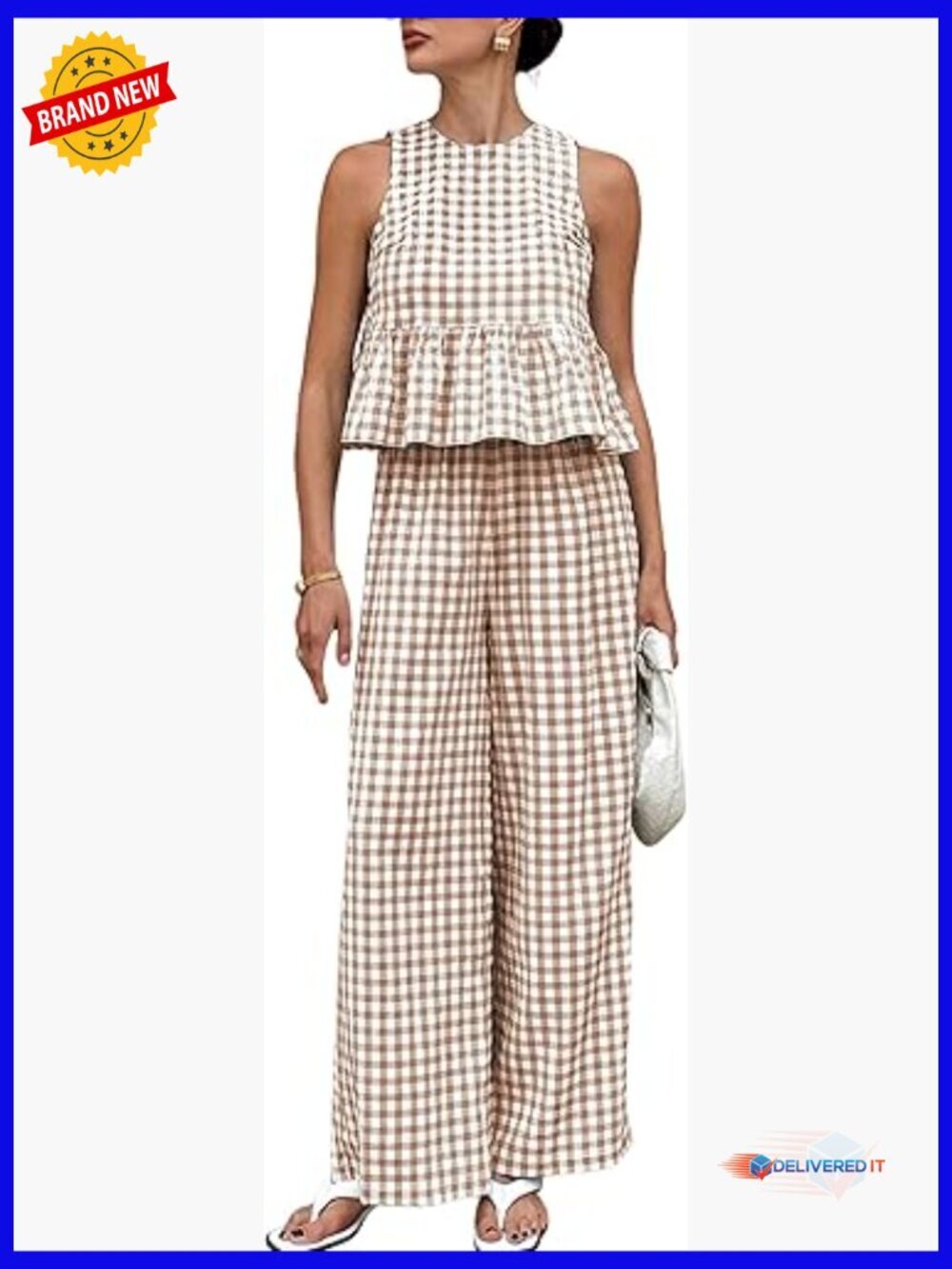 Gingham 2 Piece Outfit Set Sleeveless Ruffle Tank Wide Leg Pants Matching